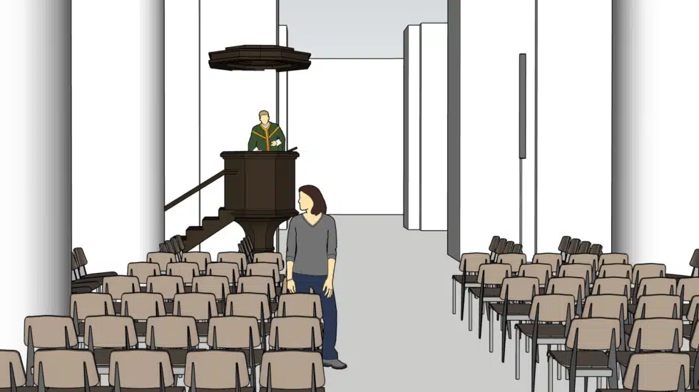 En enkel 3D-illustrasjon av et kirkerom eller en sal. En person står på en mørk prekestol til venstre, og en annen person står i midtgangen. Rommet er fylt med rader av enkle stoler på begge sider.