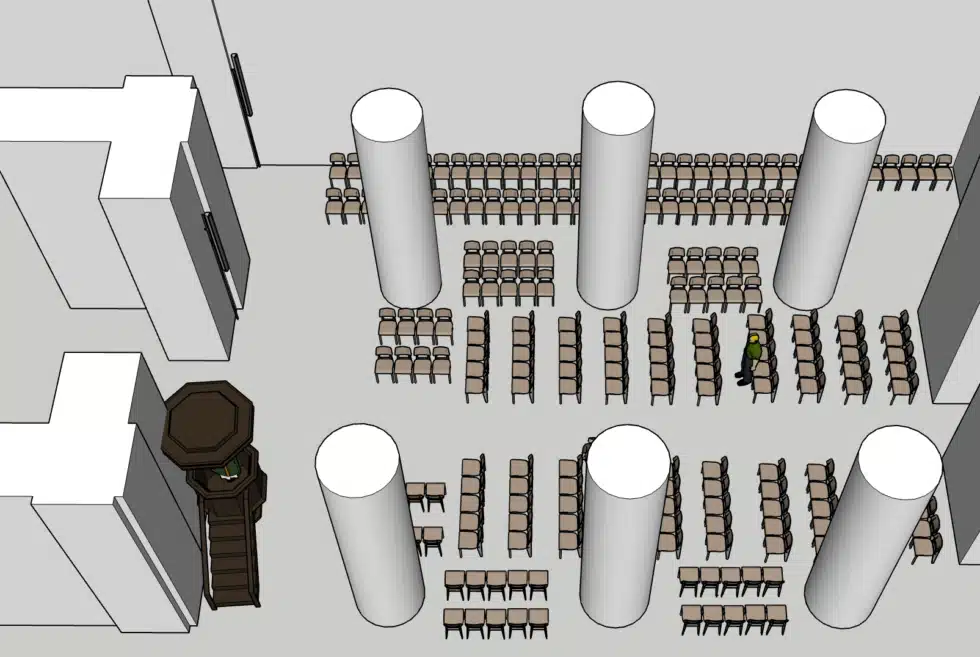En 3D-modell sett i fugleperspektiv som viser planløsningen for sitteplasser i et lokale. Store hvite søyler er plassert mellom ryddige rader med stoler, og en prekestol er synlig nederst til venstre.