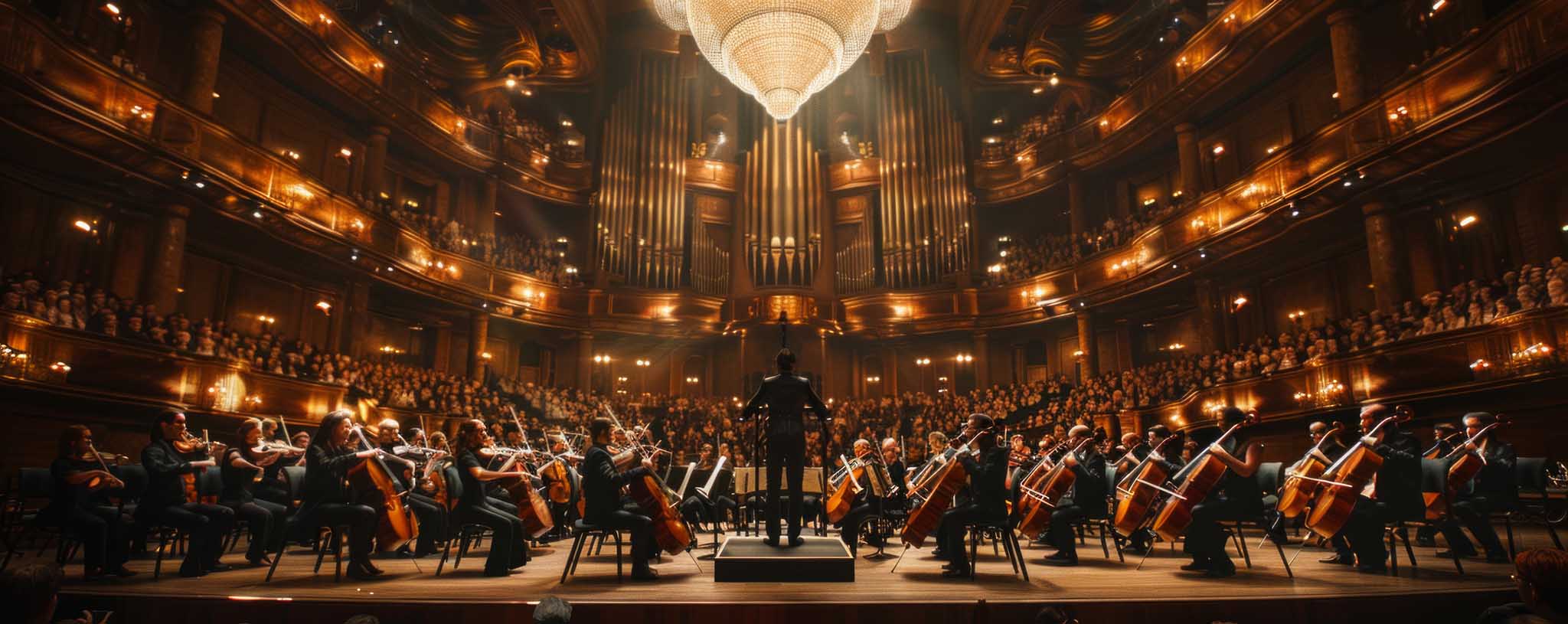 Et storslått bilde av et symfoniorkester på en scene i en klassisk konsertsal med publikum i galleriene. En enorm lysekrone henger fra taket over et massivt pipeorgel i bakgrunnen.